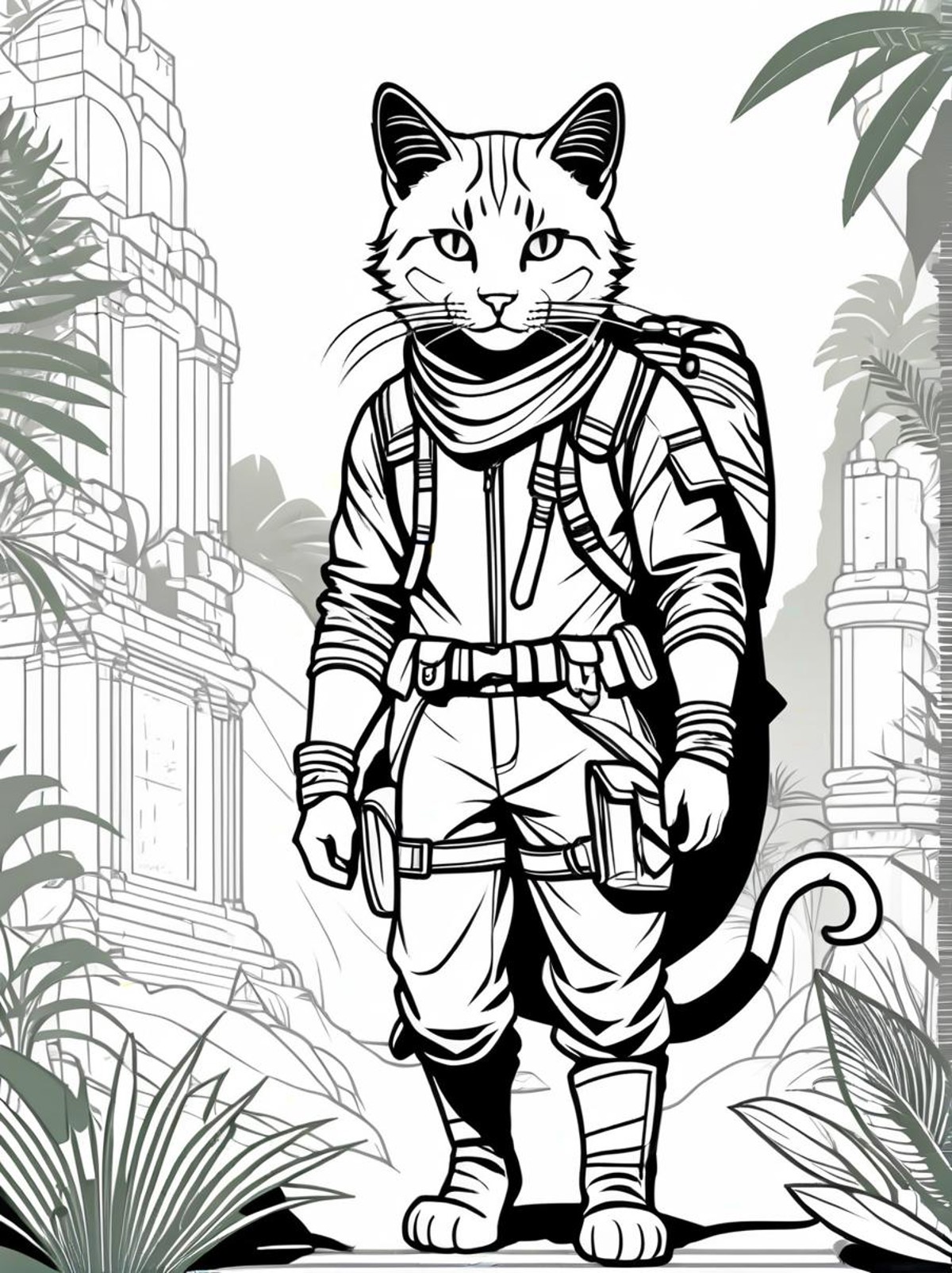 line art drawing a cat, (adventurer outfit), lush_jungle, epic ruins, amazing details, amazing quality, masterpiece, . pro...